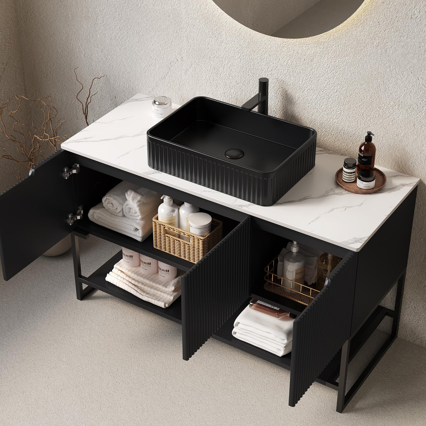KEIKI 48 Inch Freestanding Bathroom Vanity with Sink, Modern Storage Cabinet with 3 Soft Close Doors and Open Shelf, Waterproof Wood Panels, Sintered Stone Top & Ceramic Basin Combo Set, Black & Black