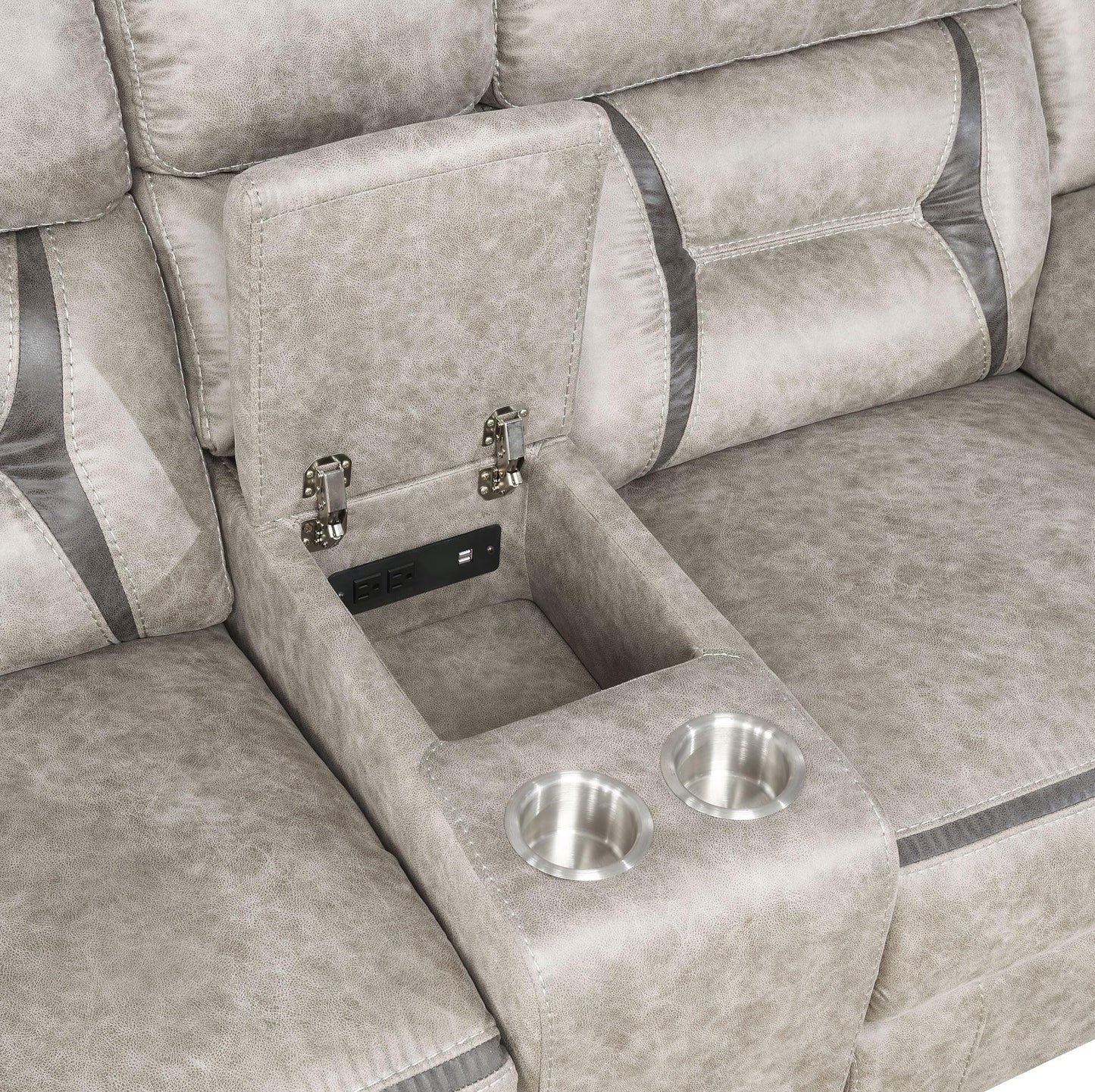 Coaster Home Furnishings - Greer - Faux Leather Upholstered Glider Reclining Loveseat with Console, Built-in Cupholders, Storage and USB Port - Home Theater & Living Room - Taupe - 651352
