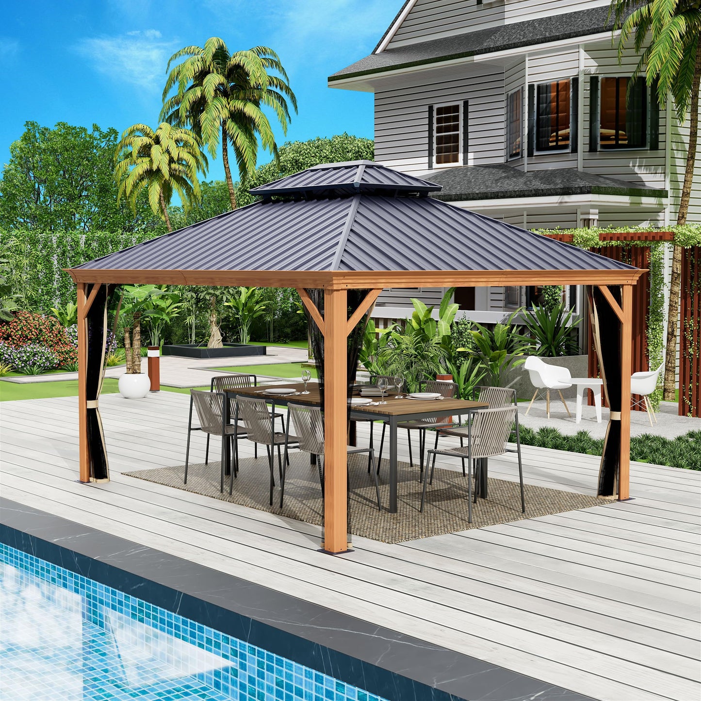 Kozyard Apollo 12’x14’ Hardtop Gazebo, Wooden Coated Aluminum Frame Canopy with Galvanized Steel Double Roof, Outdoor Permanent Metal Pavilion with Netting for Patio Lawn