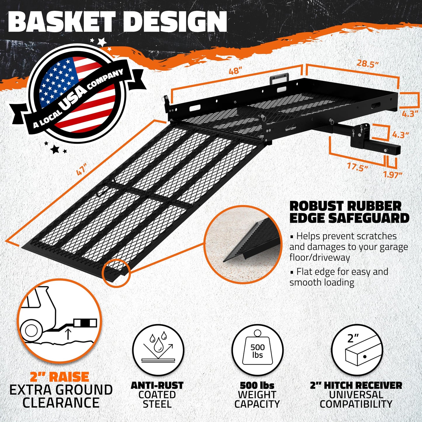Mockins 48"x28.5"x4" Folding Trailer Hitch Cargo Carrier with Ramp for Wheelchair | 500 lbs Cap Heavy-Duty Mobility Scooter Carrier for Car 2" Hitch Receiver w/Plate Bracket, Stabilizer, & Straps