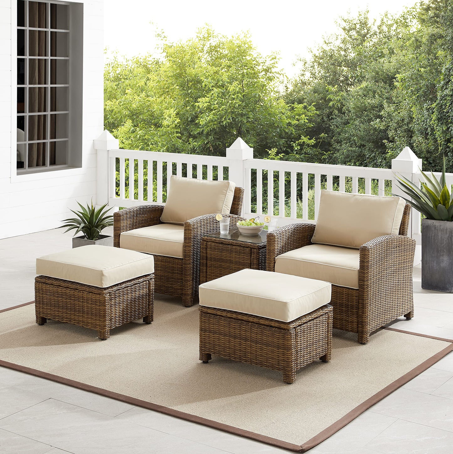 Crosley Furniture Bradenton 5-Piece Outdoor Chair Patio Furniture Set, Wicker Conversation Sets for Porch, Weathered Brown with Sand Cushions