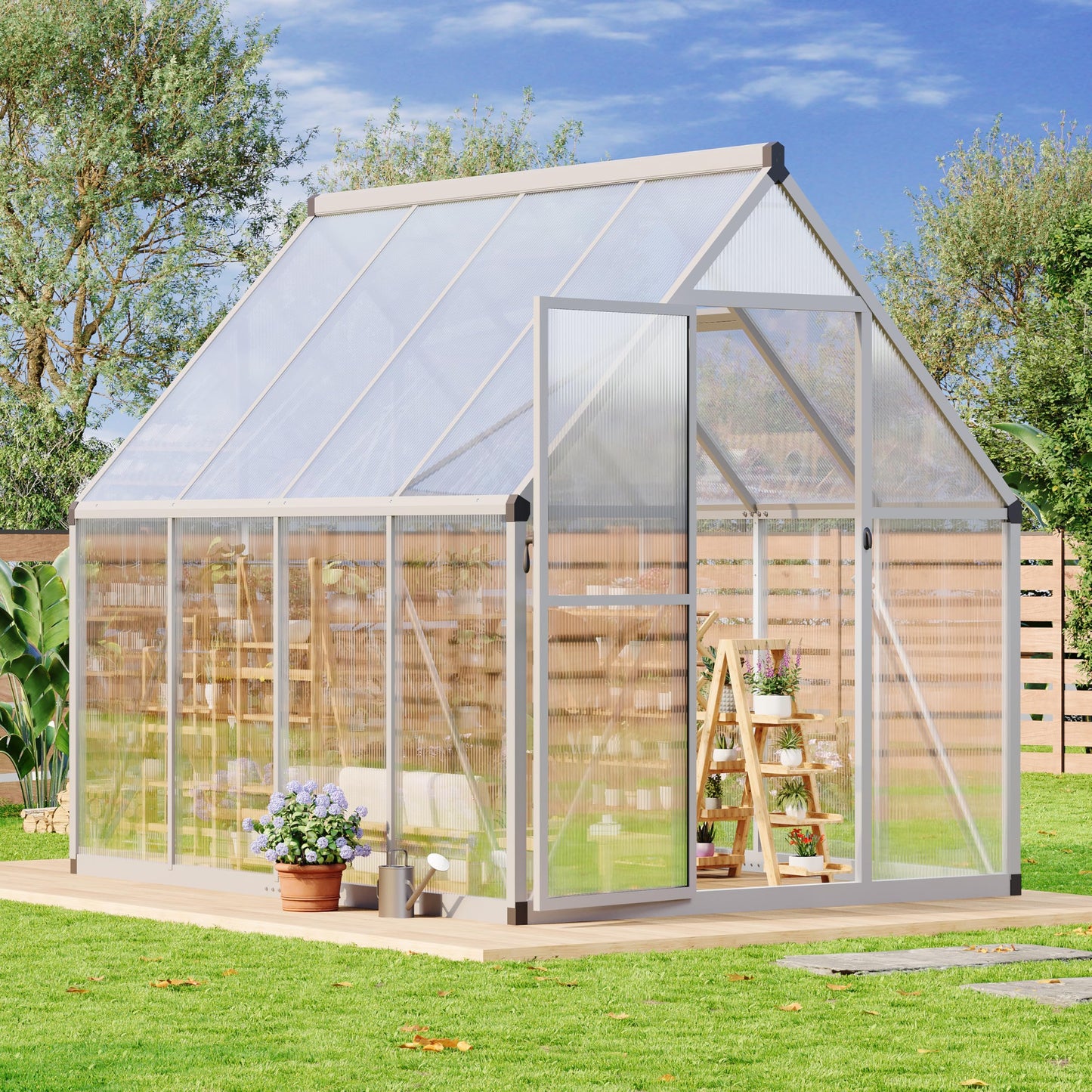 CABIHOME 8x12 FT Outdoor Greenhouse, Polycarbonate Greenhouse with Roof Vent and Ground Nails, Aluminum Large Walk-in Green House w/ Lockable Push Door for Outdoor Garden (Silver - 1, 6x7 FT)