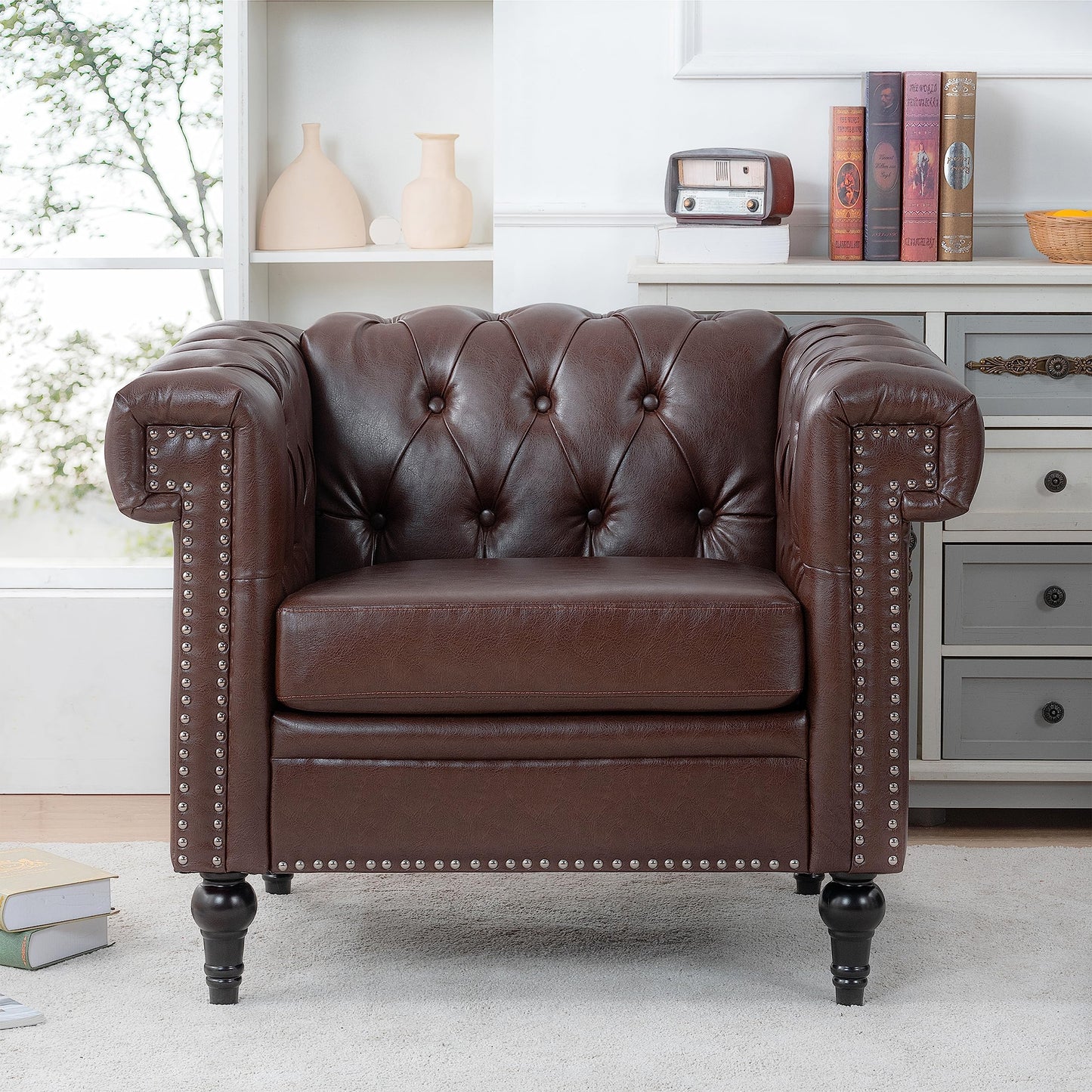 GDFStudio 39" Mid-Century Modern Sofa PU Leather Accent Couch with Rivet Trim, Deep Seat Single Sofa Chair with Rolled Arms, Solid Wood Legs, Vintage Couch for Living Room, Brown
