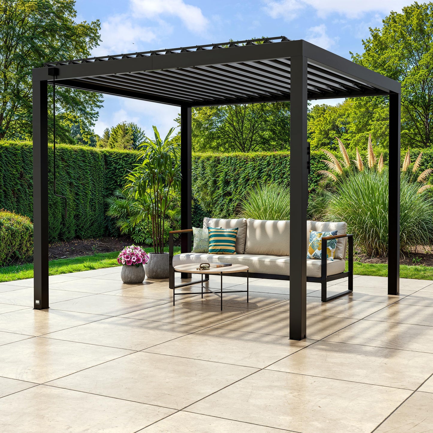 Backyard Discovery Sarasota 10' x 10' Galvanized Steel Louvered Pergola Kit with Adjustable Roof, Shade, Rain Protection, High-Wind Rating, Gutter System for Outdoor Patio, Garden, Deck, Entertaining