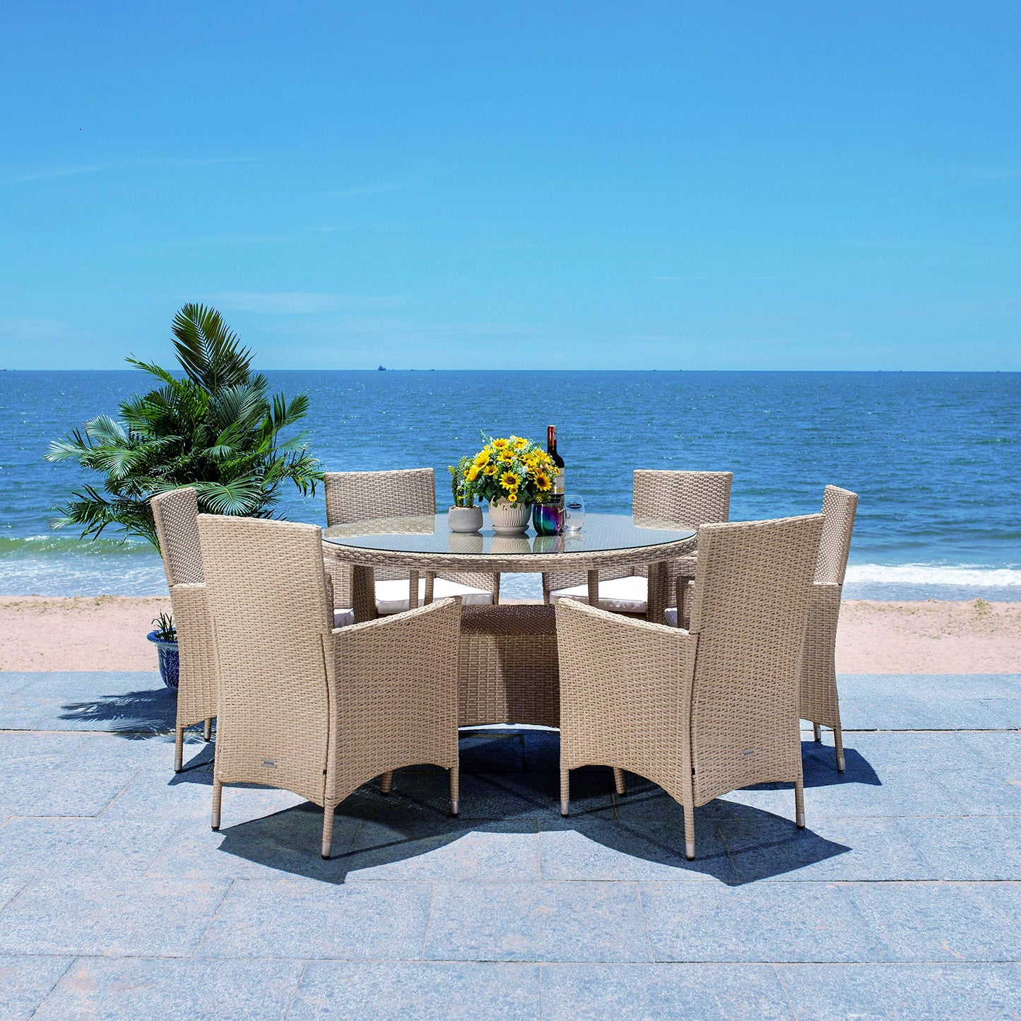 SAFAVIEH Outdoor Collection Challe Beige/White Dining Set PAT7702B-3BX
