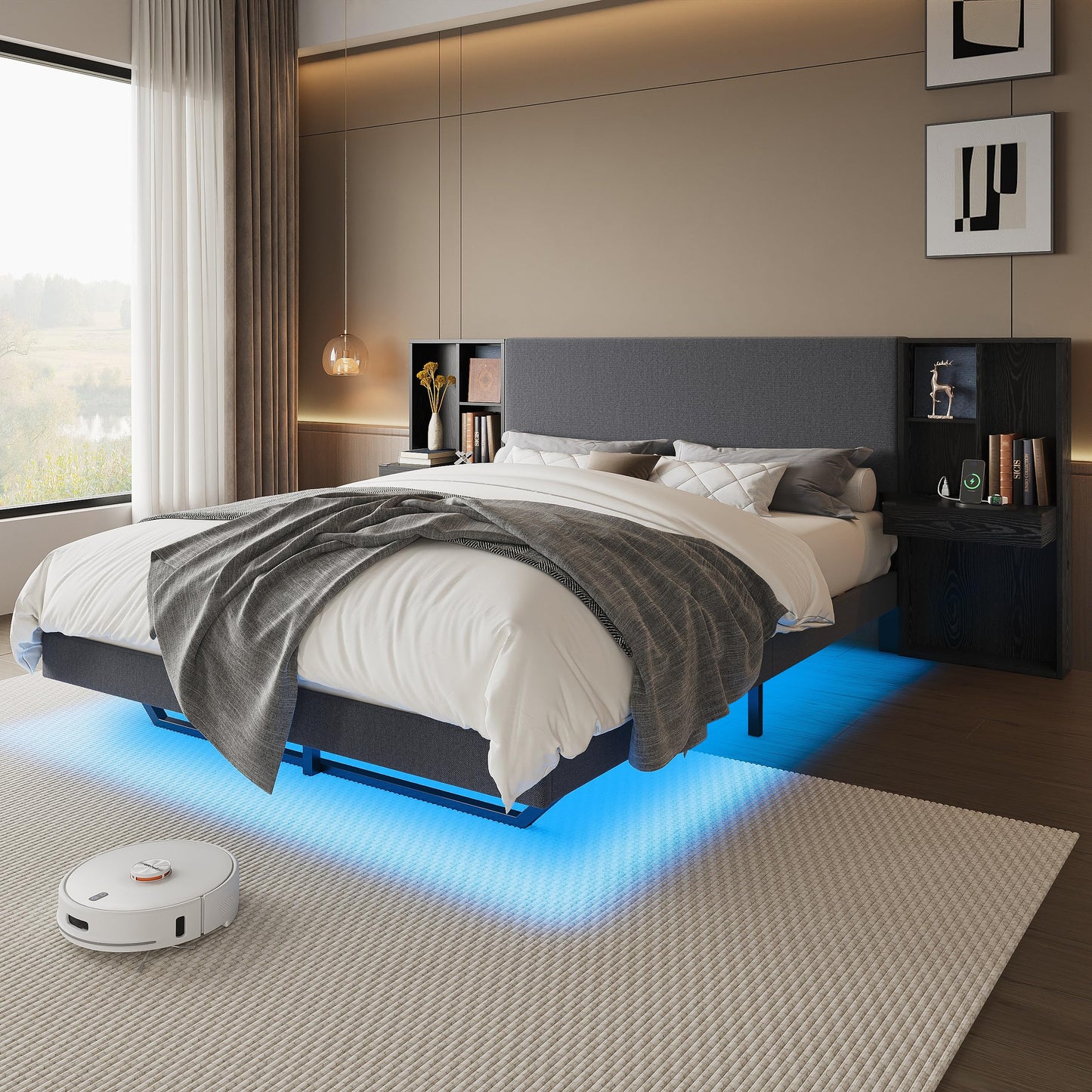 LIKIMIO Modern Queen Bed Frame with Built-in Bookcase Headboard, Floating Upholstered Platform Bed with Storage Shelves and LED Lighting, No Box Spring Needed, Dark Gray/Black
