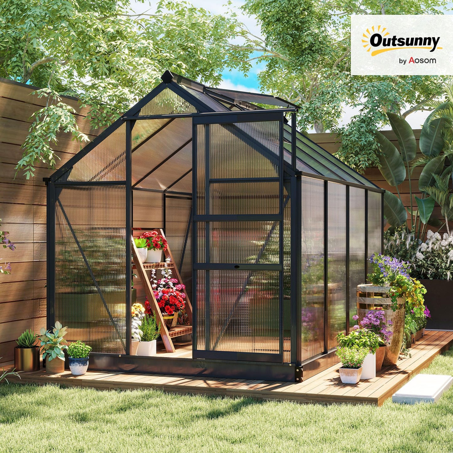 Outsunny 6' x 8' Greenhouse for Outdoors, Polycarbonate Greenhouse with Rain Gutter and Roof Vent, Aluminum Walk-in Green Houses with Push Door for Outside for Patio Backyard Garden, Gray