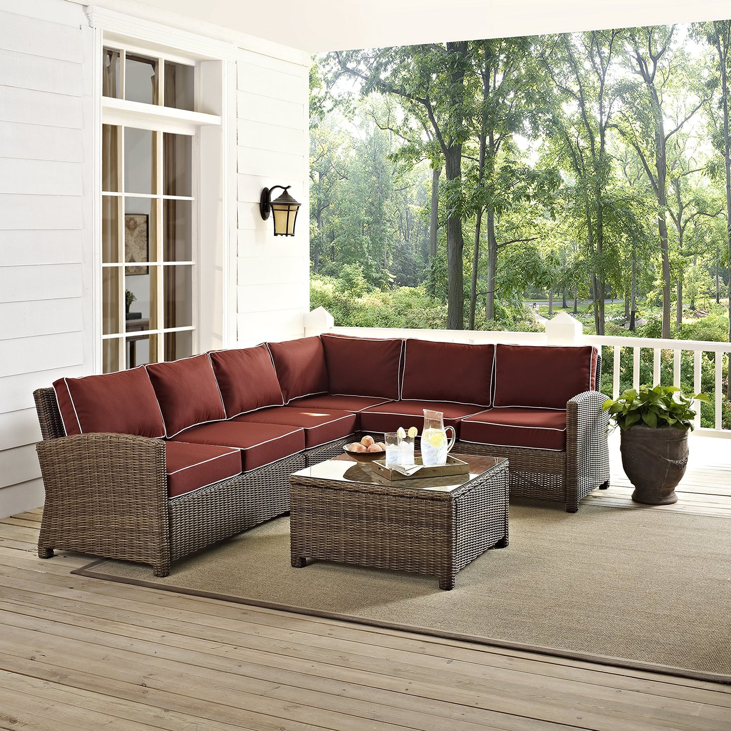 Crosley Furniture Bradenton 5-Piece Outdoor Sectional Sofa Wicker Conversation Patio Furniture Set for Deck, Brown with Sangria Cushions