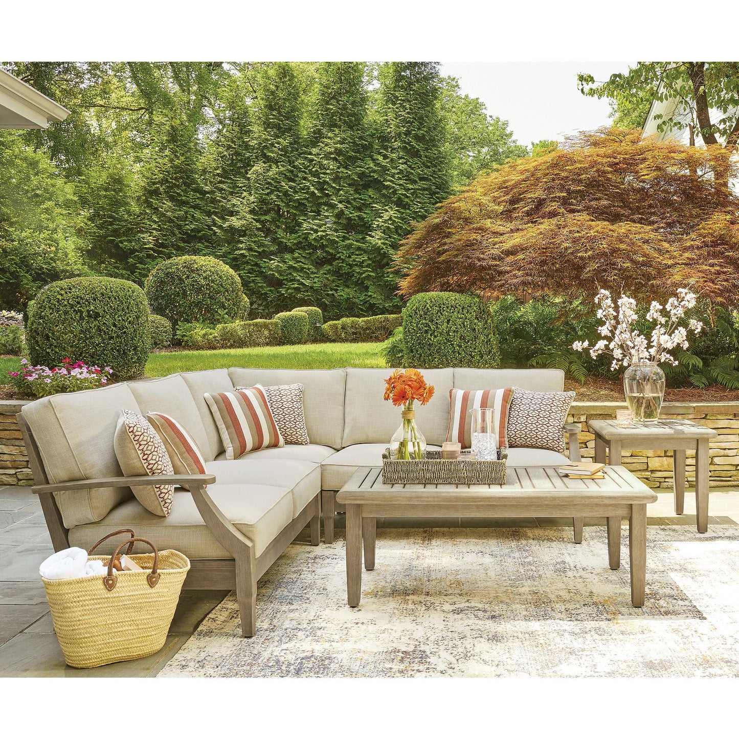 Signature Design by Ashley Clare View Symmetrical Contemporary 3-Piece Outdoor Sectional with Cushion and 6 Throw Pillows, Beige