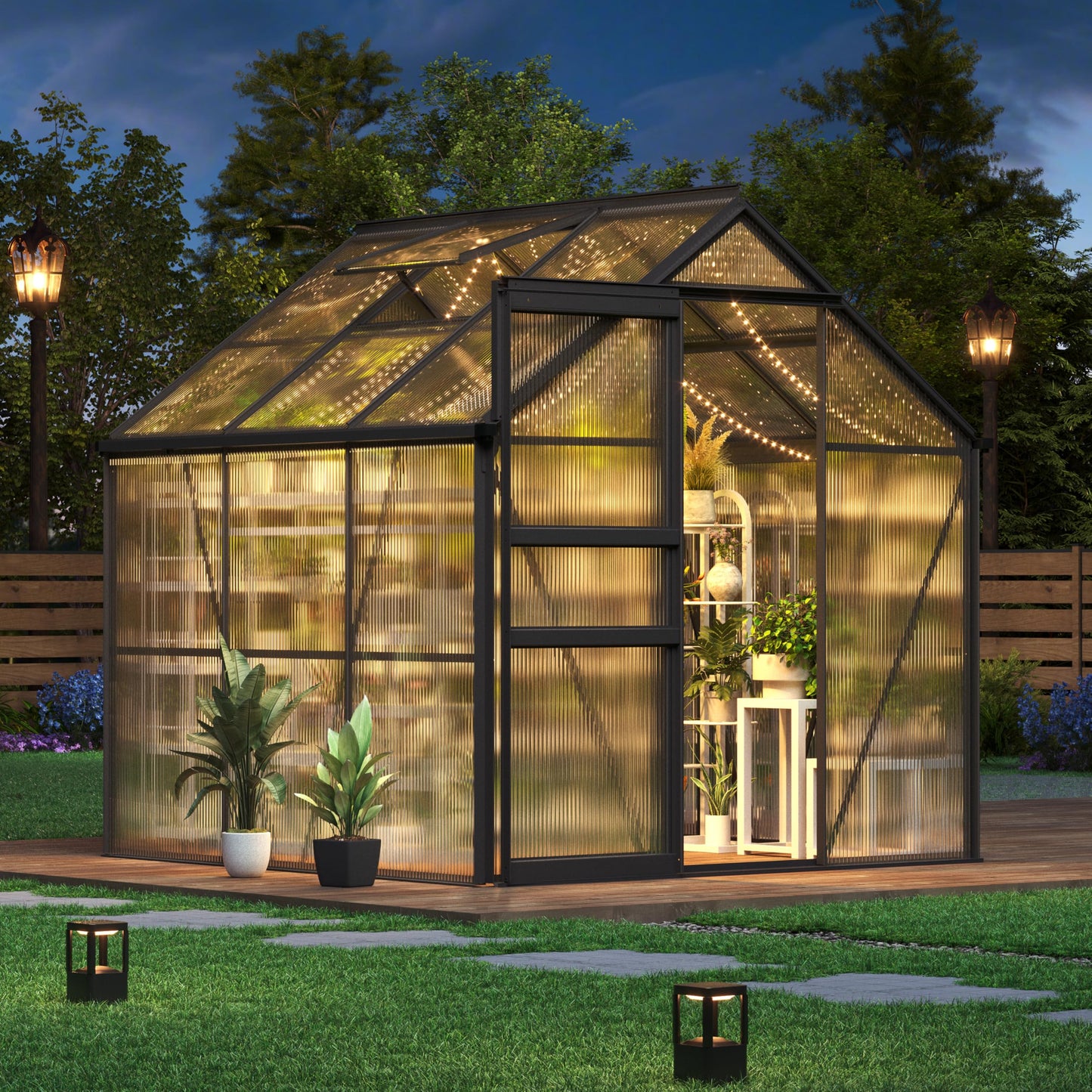 GarveeLife 6 x 6 FT Walk-in Greenhouses for Outside, Polycarbonate Greenhouse with Sliding Door, Adjustable Roof Vent, Aluminum Frame, Backyard Green Houses for Patio Garden