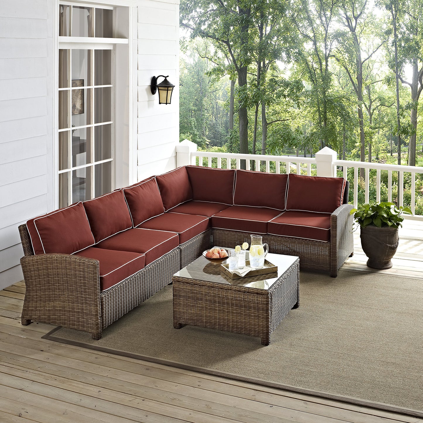 Crosley Furniture Bradenton 5-Piece Outdoor Sectional Sofa Wicker Conversation Patio Furniture Set for Deck, Brown with Sangria Cushions