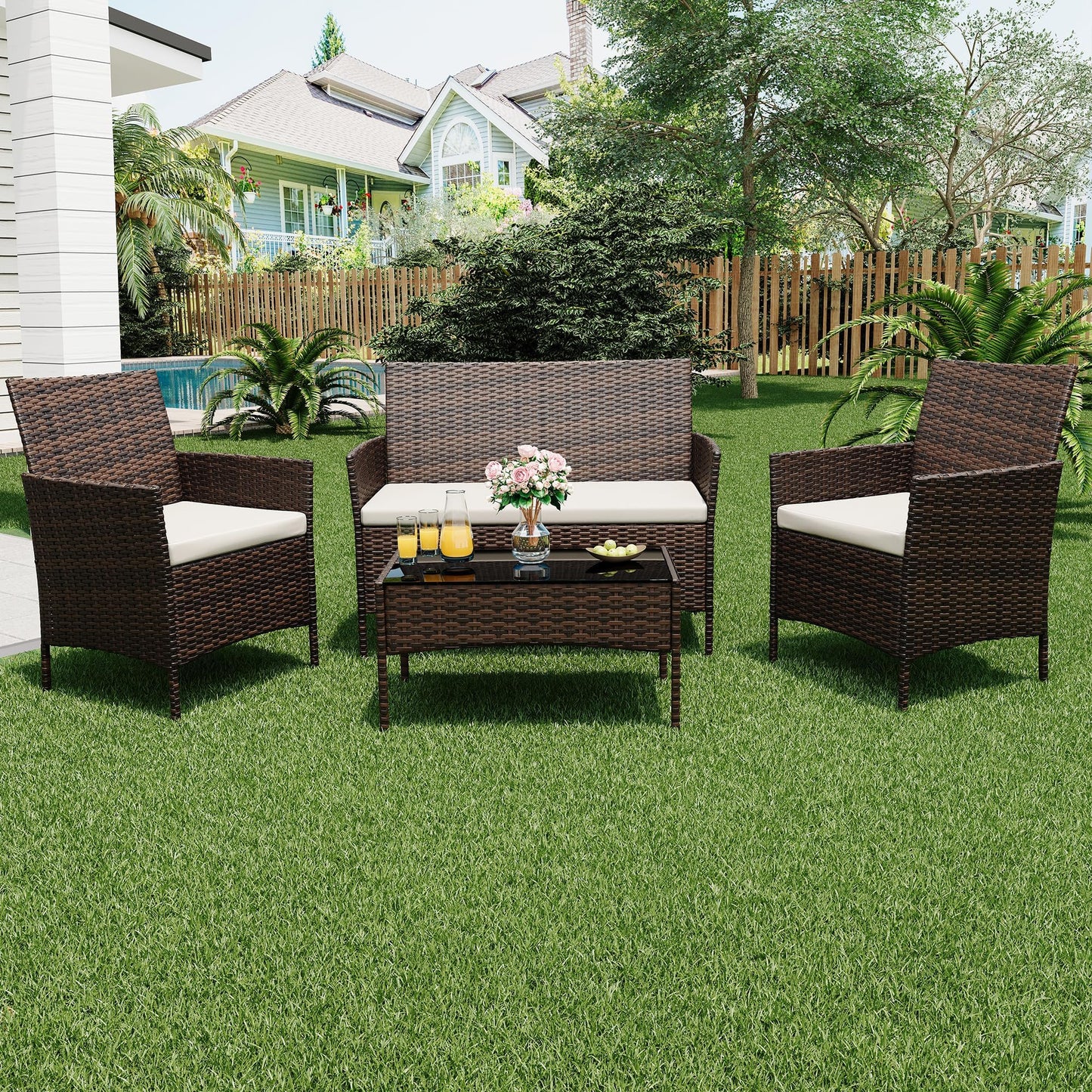GarveeHome 4-Piece Patio Furniture Set, Outdoor Conversation Set with Coffee Table, All-Weather PE Rattan Wicker & Steel Frame, Modern Seating for Garden, Porch, Lawn, Balcony(Brown & Beige)