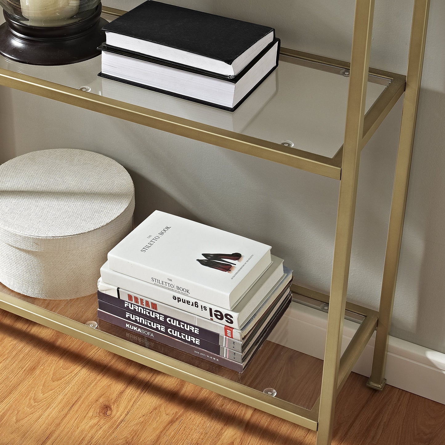 Crosley Furniture Aimee Bookshelf with Glass Shelves, Bookcase Storage, Gold and Glass