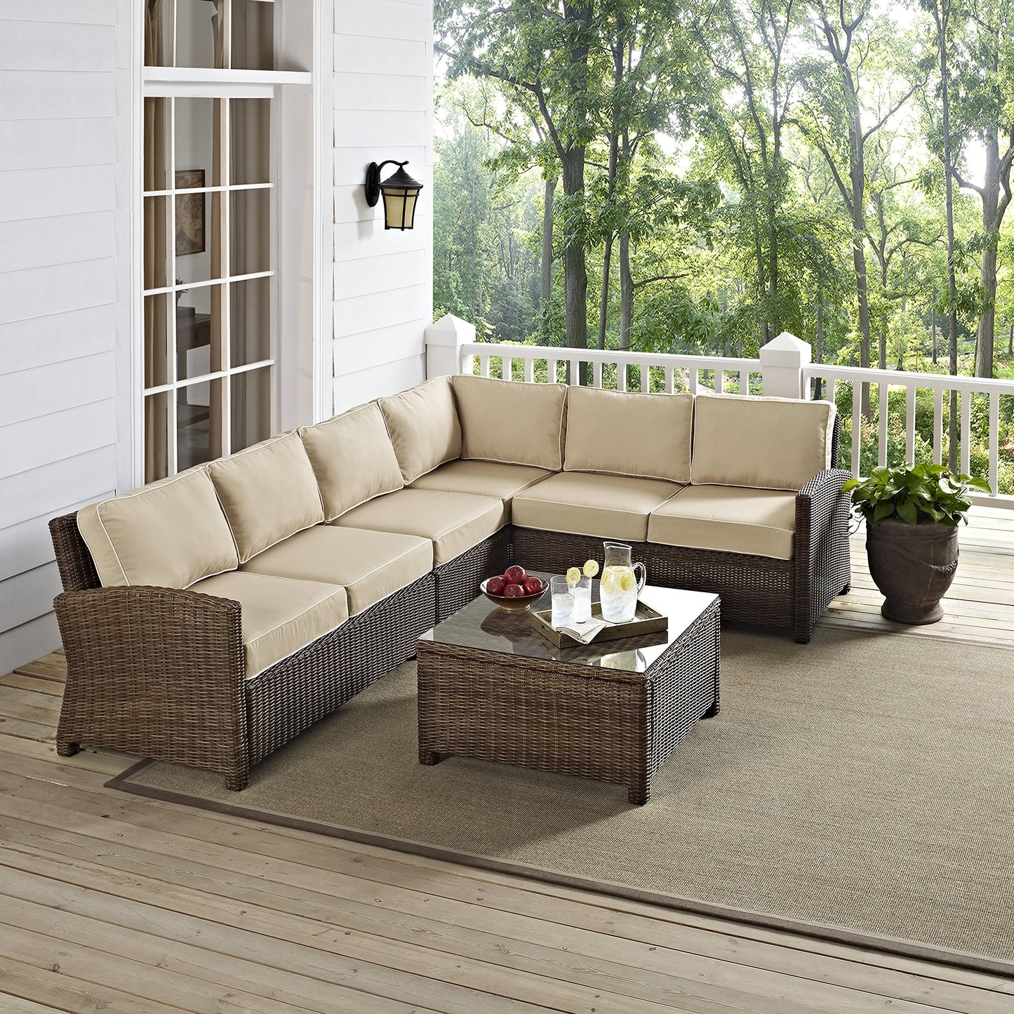 Crosley Furniture Bradenton 5-Piece Outdoor Sectional Sofa Wicker Conversation Patio Furniture Set for Deck, Brown with Sand Cushions