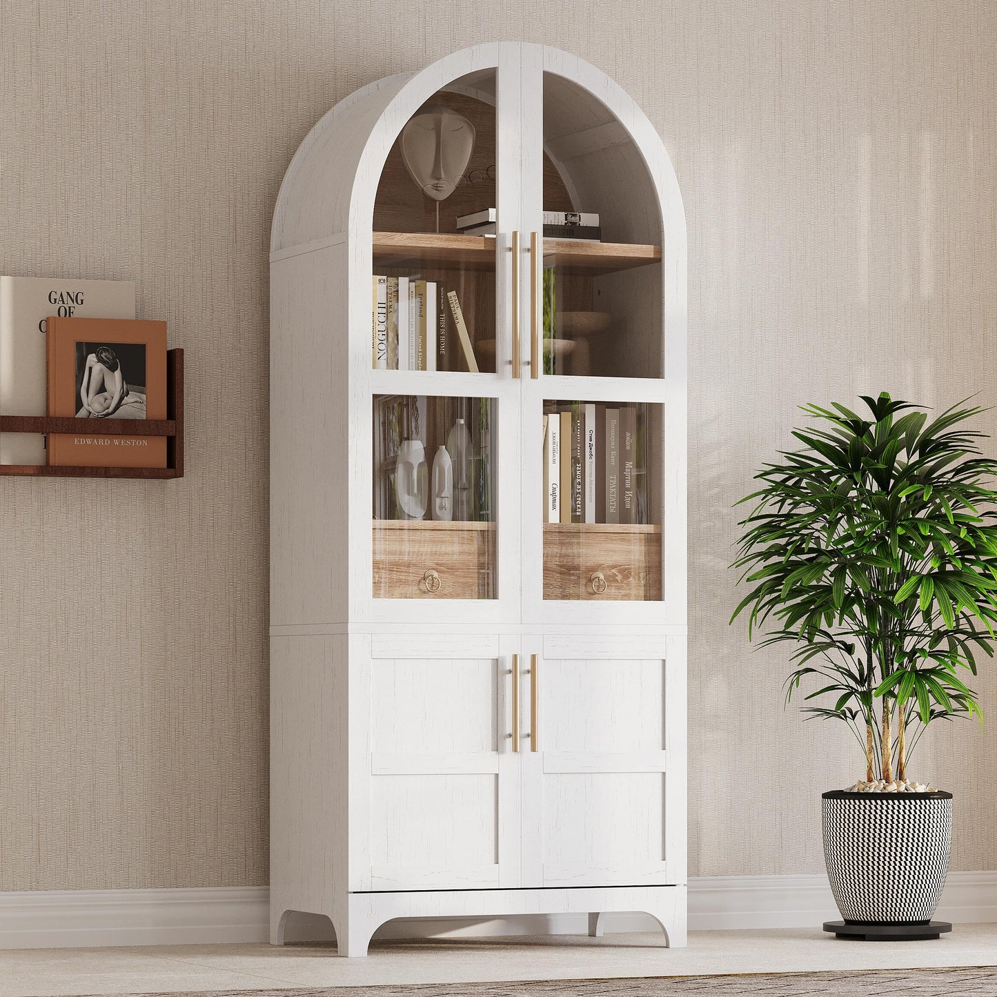 Ball & Cast Arched Kitchen Pantry Cabinet with Door Shelves,Farmhouse Cookroom Storage Cabinets W/Open & Adjustable Shelves,Glass Door & Hidden Drawer,Cupboard for Kitchen,Dining Room,White,71" Tall
