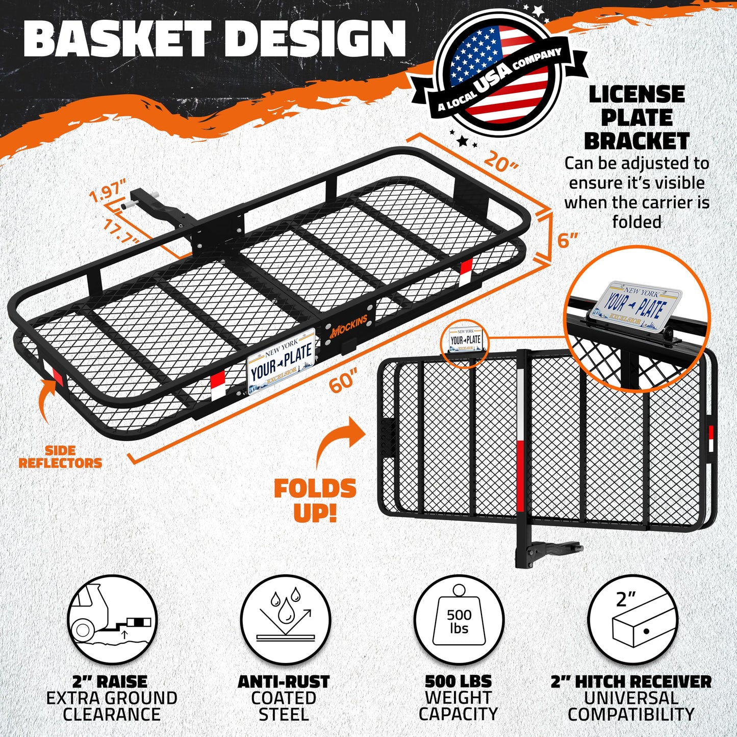 Mockins 60"x20"x6" Folding Luggage Rack for Car Hitch & 20 Cu Ft Waterproof Cargo Bag | 500 lbs Cap Steel Trailer Hitch Cargo Carrier for 2" Receivers w/License Plate Holder, Stabilizer, Net & Straps