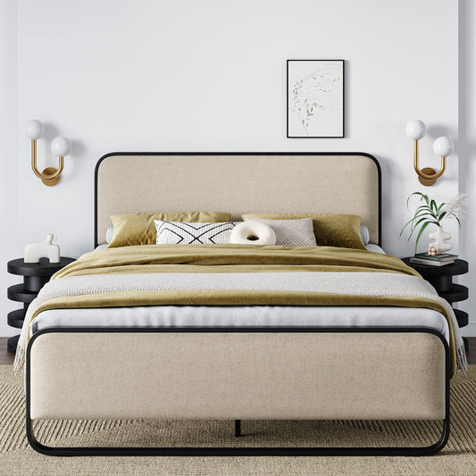 Allewie Full Size Metal Bed Frame with Curved Upholstered Headboard and Footboard, Platform Bed Frame with 12.4'' Under Bed Storage, No Box Spring Needed, Vintage, Beige