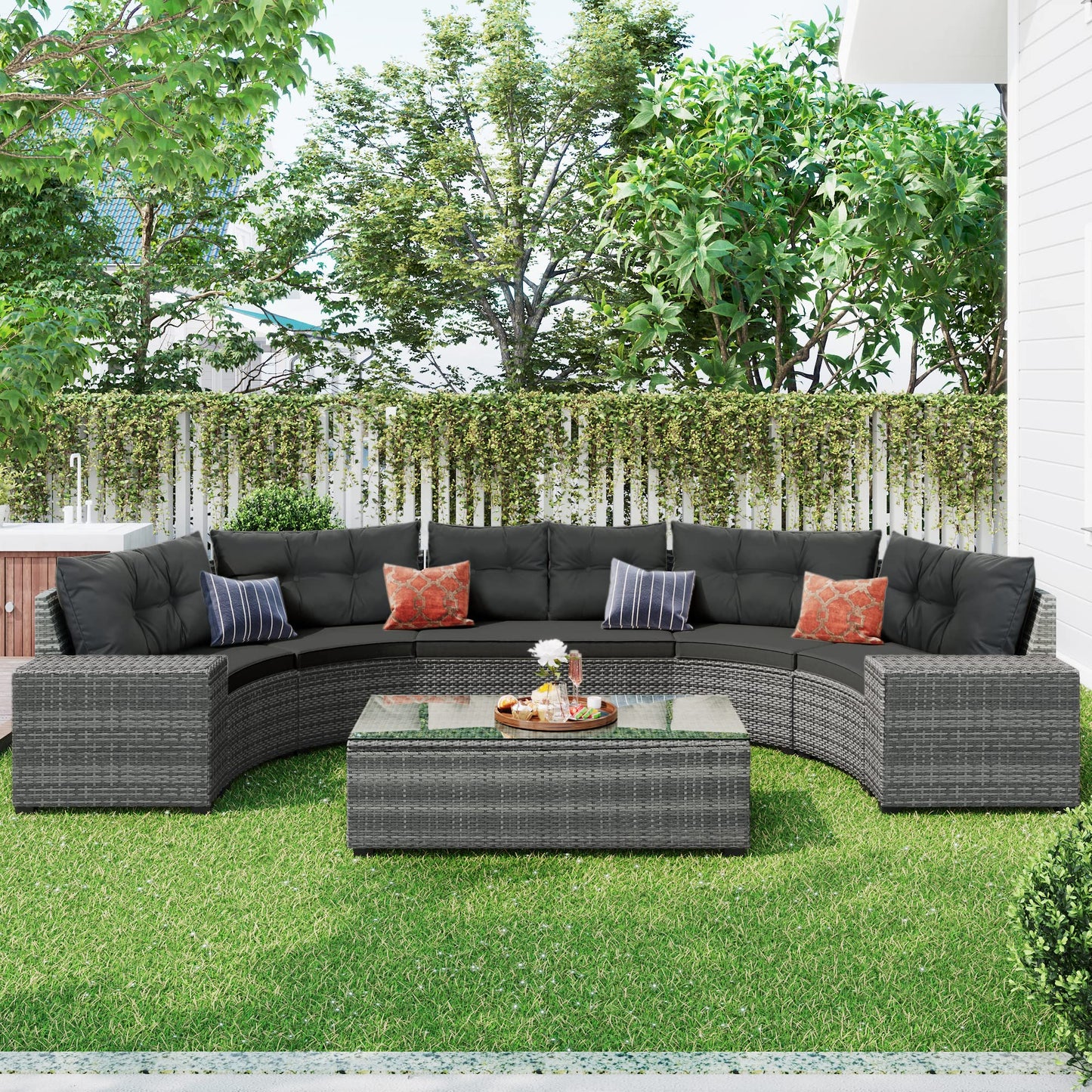8-Piece Outdoor Wicker Round Sofa Set, Half-Moon Sectional Sofas with Cushions, PE Rattan Curved Lounge, Rectangular Coffee & Side Tables, Sturdy Patio Seating for Garden, Deck, Balcony, Gray