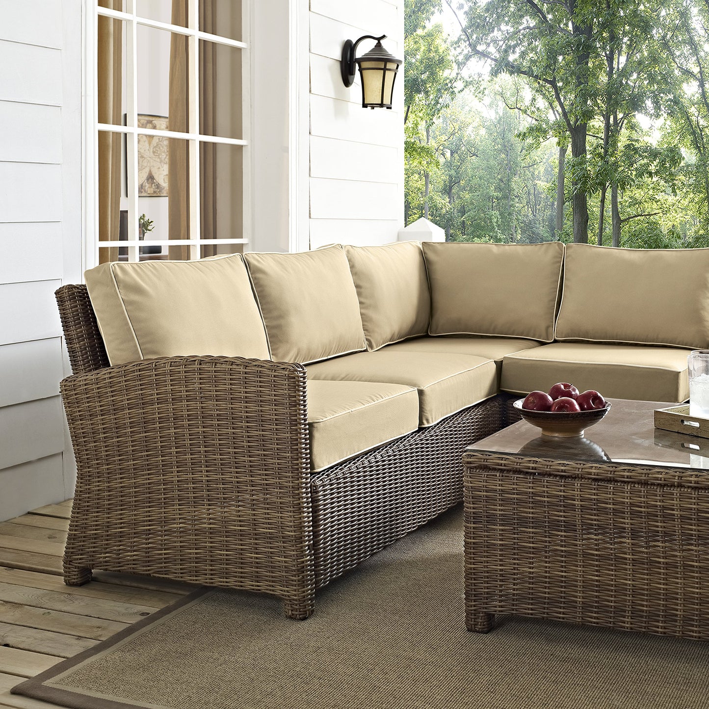 Crosley Furniture Bradenton 5-Piece Outdoor Sectional Sofa Wicker Conversation Patio Furniture Set for Deck, Brown with Sand Cushions