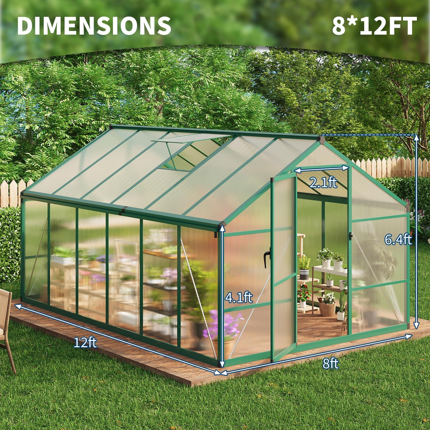 8x12 ft Greenhouse, Polycarbonate Walk-in Greenhouse for Outside with Roof Vent & Lockable Outward-Opening Swing Door, Heavy-Duty Aluminum Green House for Garden, Backyard, Patio, Lawn, Green