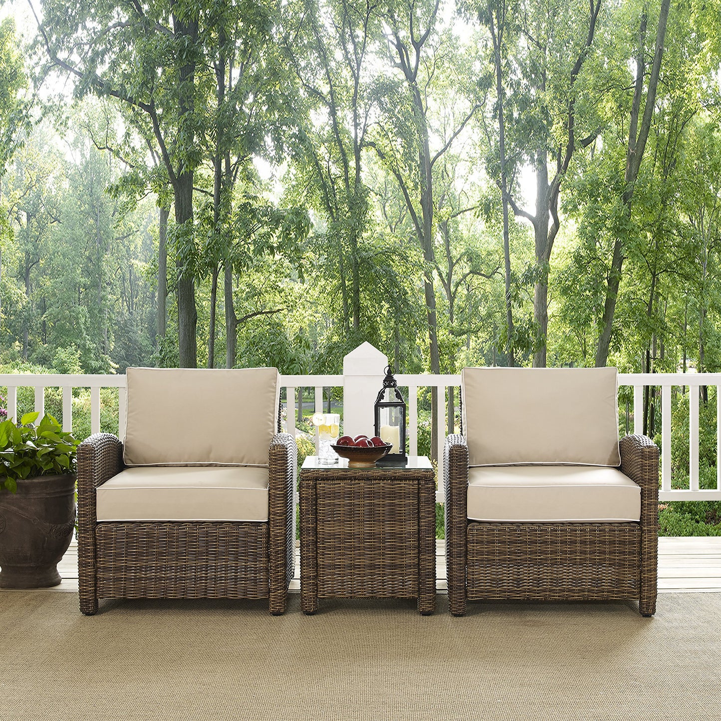 Crosley Furniture Bradenton 3-Piece Outdoor Chair and Side Table Set, Wicker Patio Conversation Sets, Brown with Sand Cushions