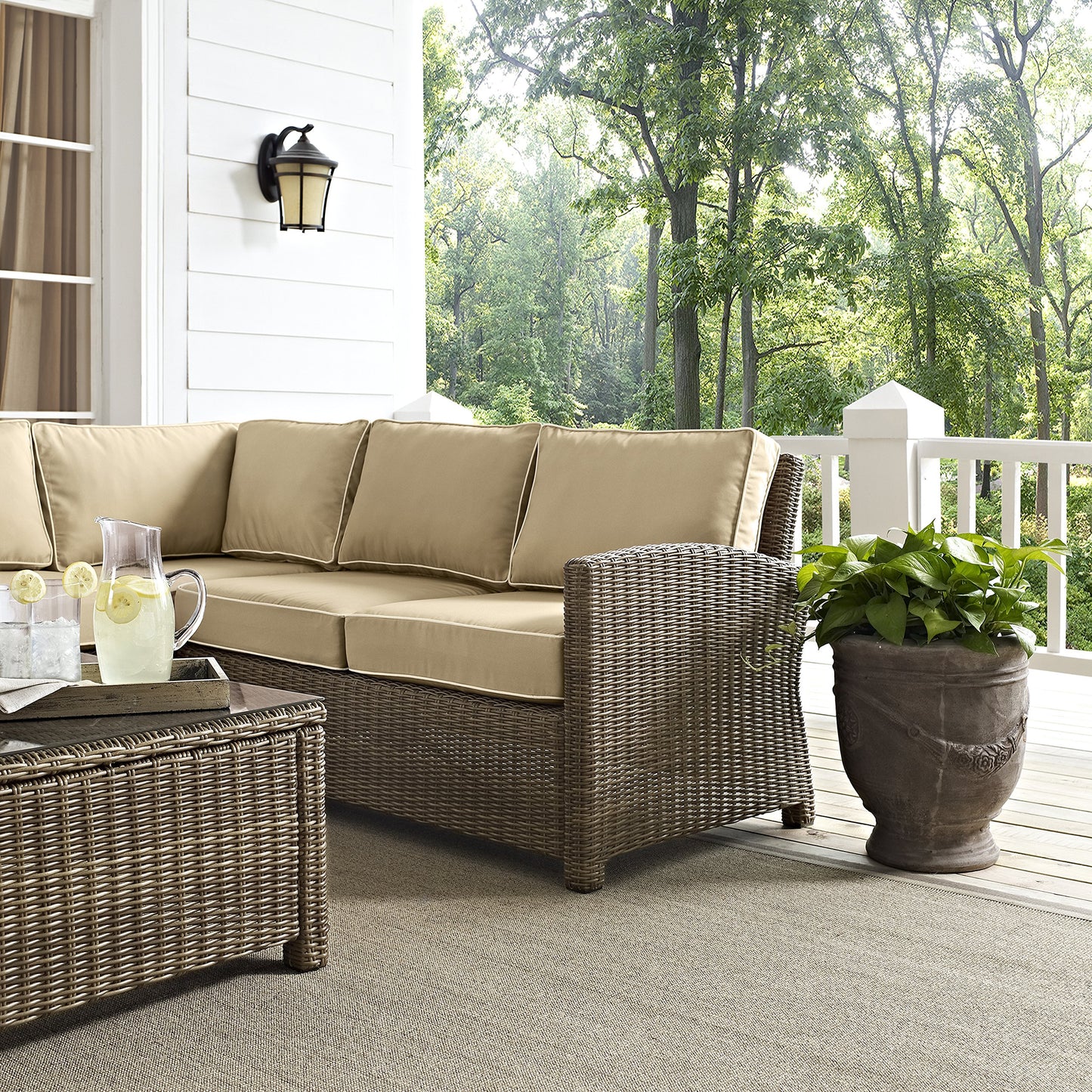 Crosley Furniture Bradenton 5-Piece Outdoor Sectional Sofa Wicker Conversation Patio Furniture Set for Deck, Brown with Sand Cushions
