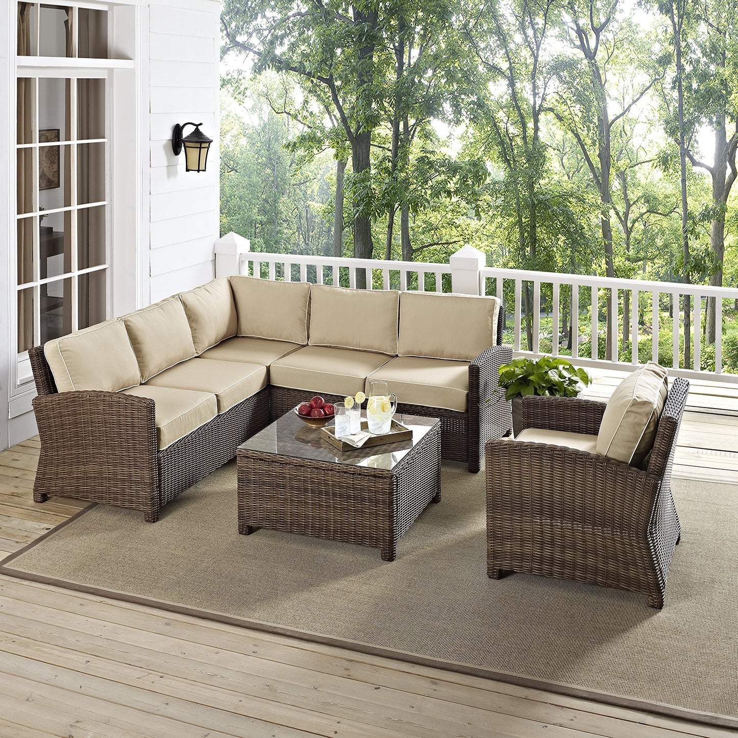 Crosley Furniture Bradenton 5-Piece Outdoor Sectional Sofa Wicker Conversation Patio Furniture Set for Deck, Brown with Sand Cushions